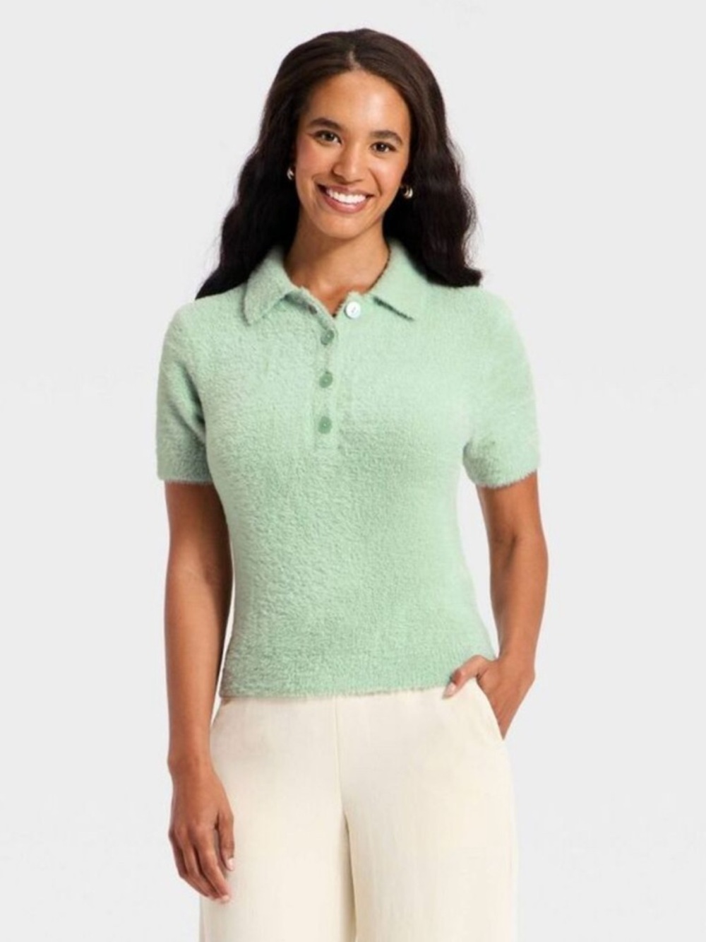 a new day Pale Mint Fuzzy Button-Up Sweater